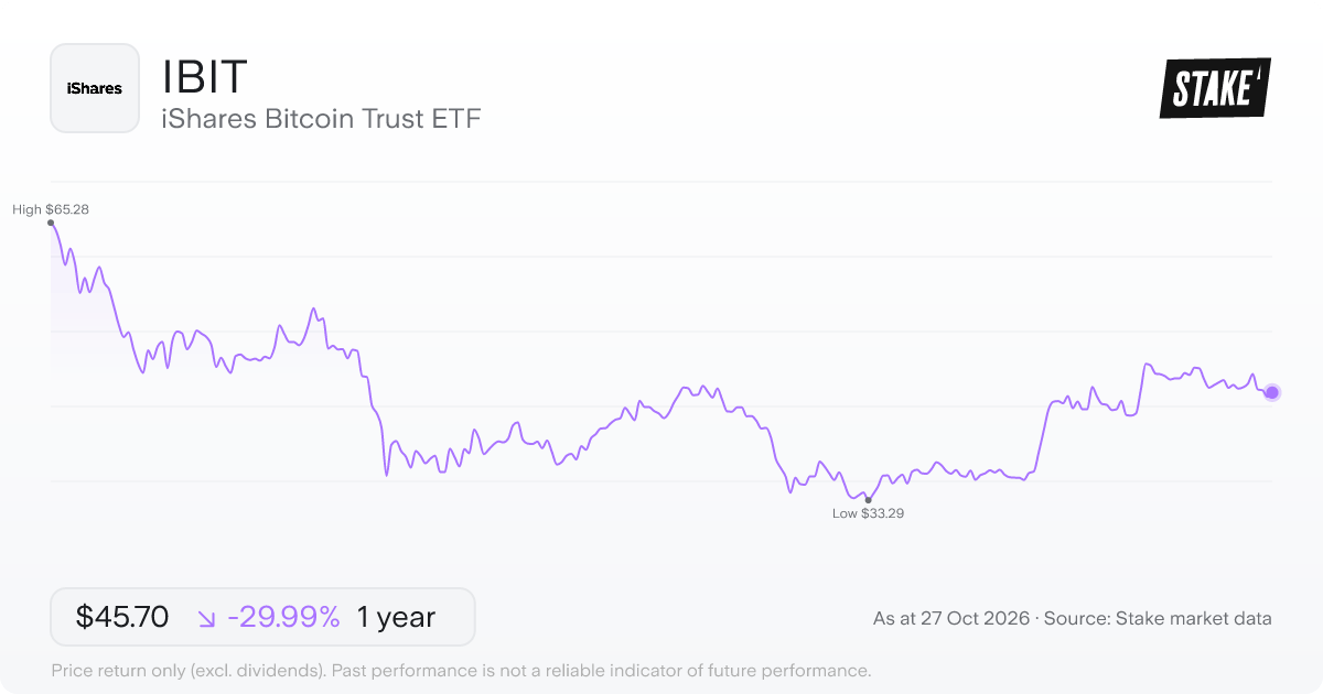 IBIT 1-year price chart: down 30.0%, from US$65.28 to US$45.70. Range US$33.29 to US$65.28.
