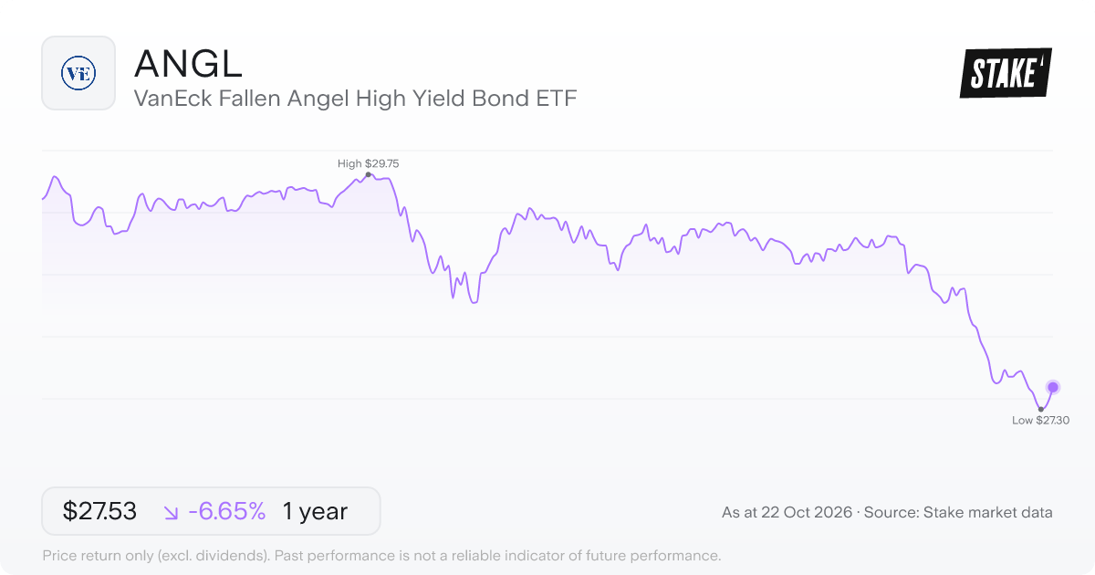 ANGL 1-year price chart: down 6.6%, from US$29.49 to US$27.53. Range US$27.30 to US$29.75.