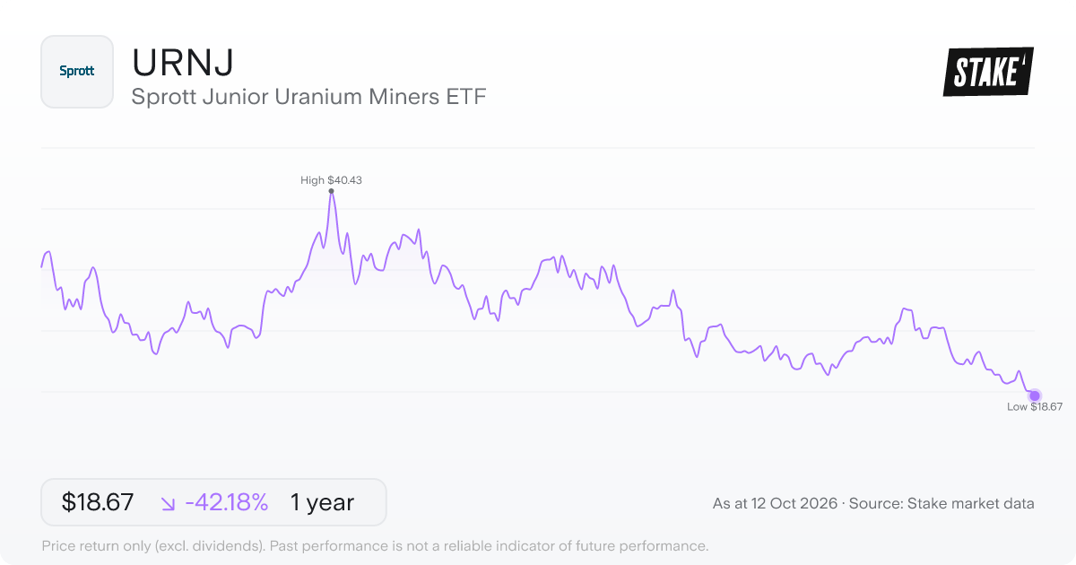 Sprott Junior Uranium Miners ETF (URNJ) 1-year price chart, down 37.1% (US$30.45 to US$19.15).