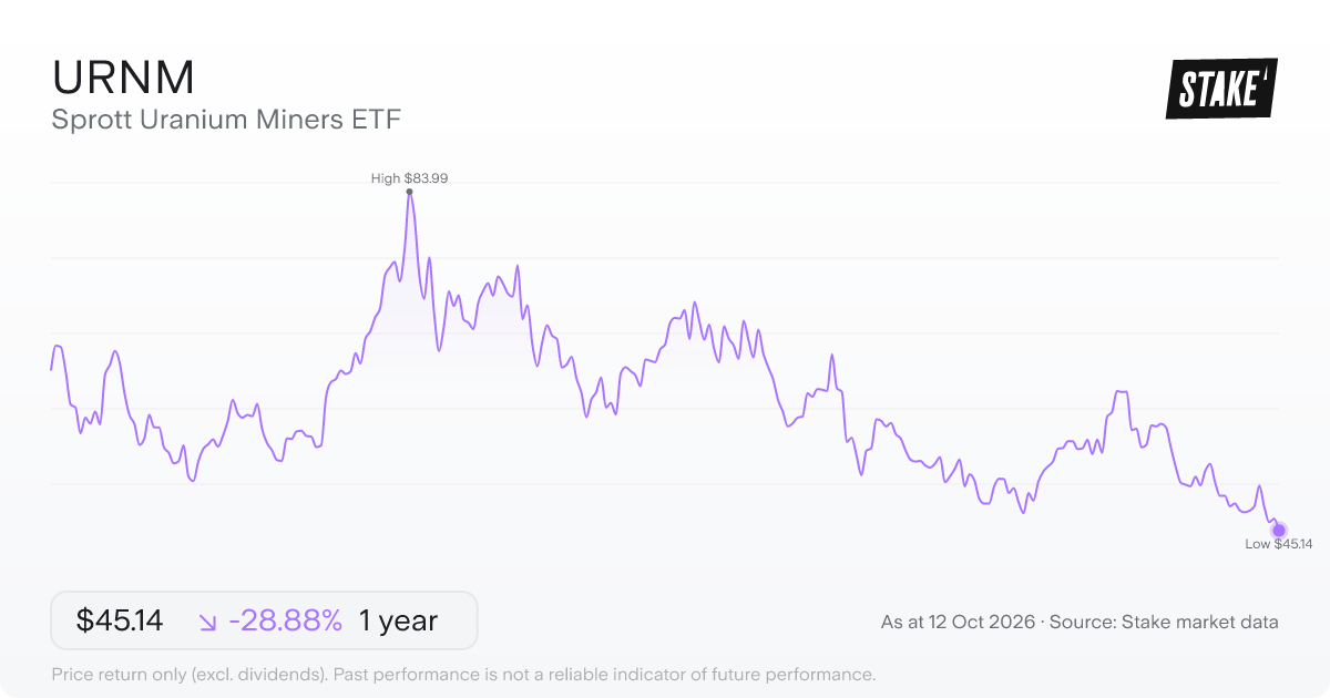 Sprott Uranium Miners ETF (URNM) 1-year price chart, down 24.4% (US$61.48 to US$46.50).