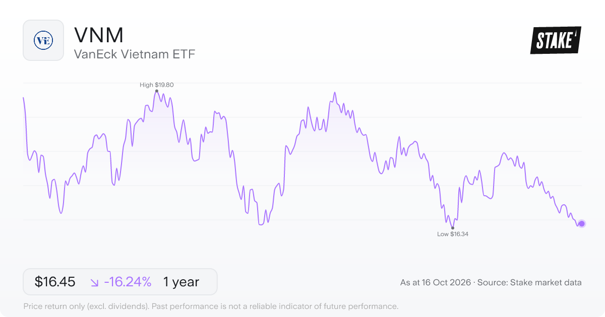 VNM 1-year price chart: down 15.1%, from US$19.42 to US$16.48. Range US$16.34 to US$19.80.