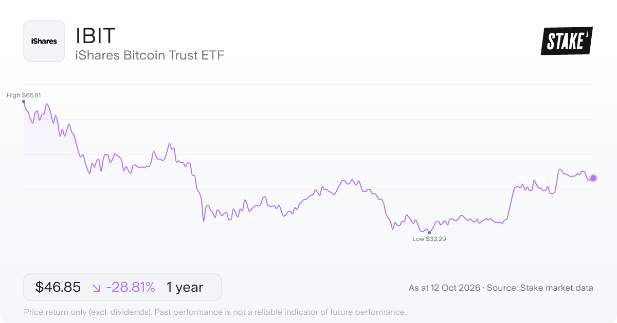 iShares Bitcoin Trust ETF (IBIT) 1-year price chart, down 32.3% (US$68.74 to US$46.55).