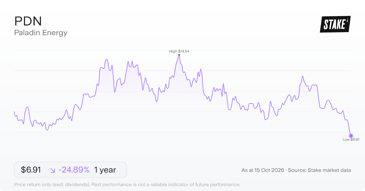 PDN 1-year price chart: down 24.9%, from A$9.20 to A$6.91. Range A$6.91 to A$14.54.