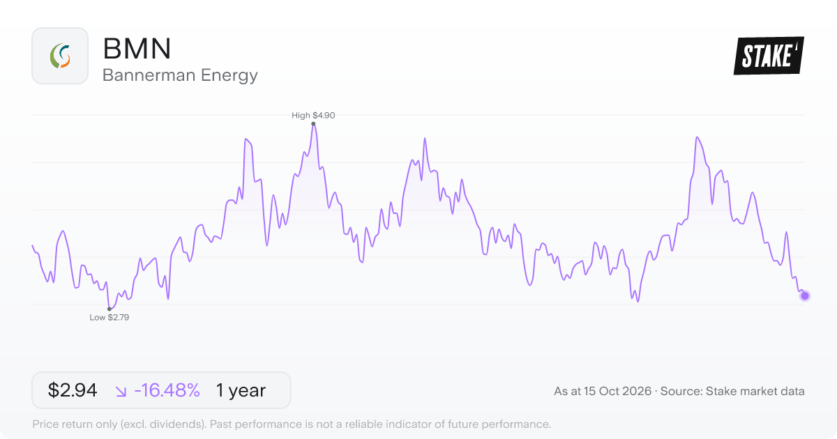BMN 1-year price chart: down 16.5%, from A$3.52 to A$2.94. Range A$2.79 to A$4.90.