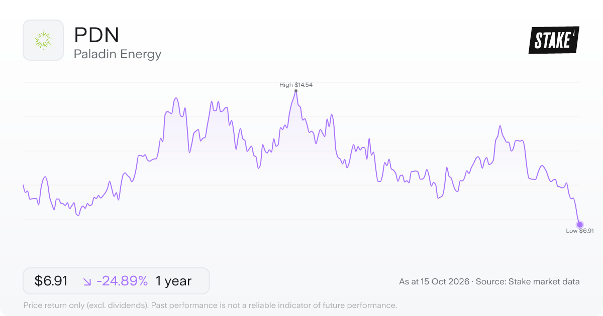 PDN 1-year price chart: down 24.9%, from A$9.20 to A$6.91. Range A$6.91 to A$14.54.